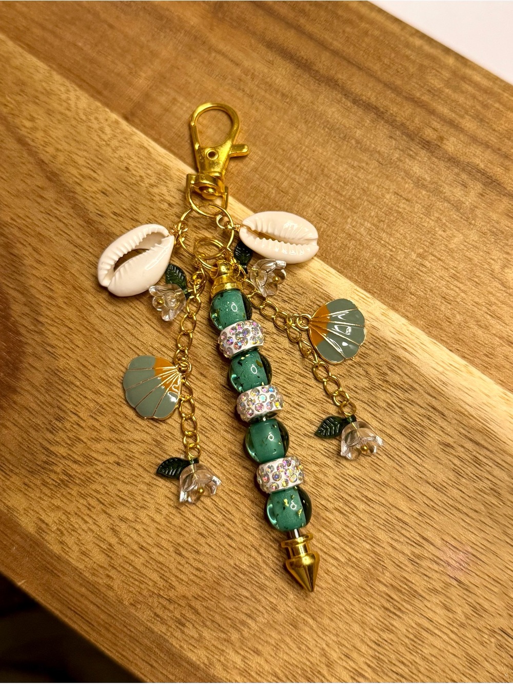 Gold-Tone Key & Card Holder Charm with Green Beads and White Shells
